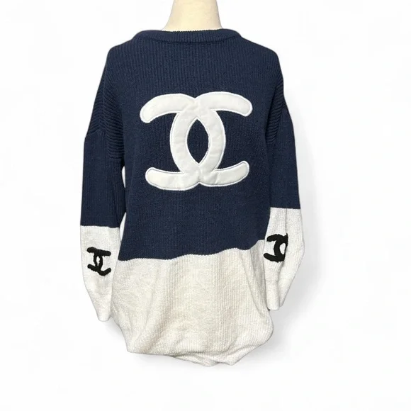 CHANEL | Sweaters | Chanel Navy Blue Oversized Knit Logo Sweater